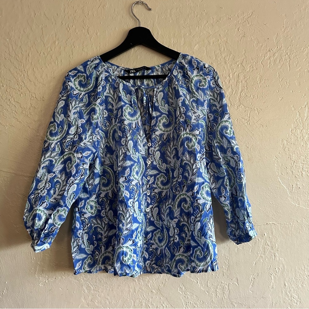 Zara Blue and White Paisley Blouse